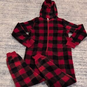 Dip Red and Black Plaid Hooded Jumpsuit